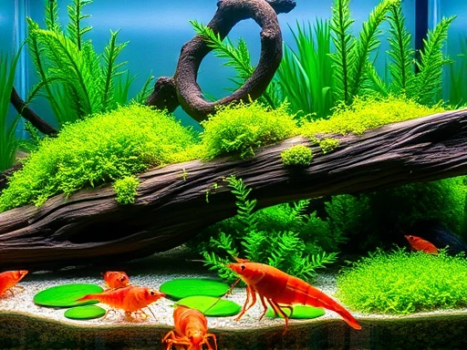 A vibrant, healthy red bee shrimp aquarium tank with lush green mosses, natural driftwood, and small, crystal-clear red bee shrimp actively foraging on the substrate. The water is pristine, reflecting soft lighting. Focus on the overall balanced and thriving ecosystem.