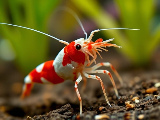 Close-up of a red bee shrimp with distinct white and red patterns, a female possibly carrying eggs (berried shrimp), carefully cleaning its antennae. The background shows blurred aquatic plants and a clean buffering soil substrate, highlighting the shrimp's delicate features and the clarity of the water.