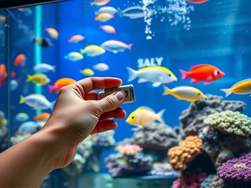 A detailed, well-lit marine aquarium with colorful fish and corals, a person's hand carefully measuring the salinity of the water with a modern device, conveying precision and care in marine fish rearing.