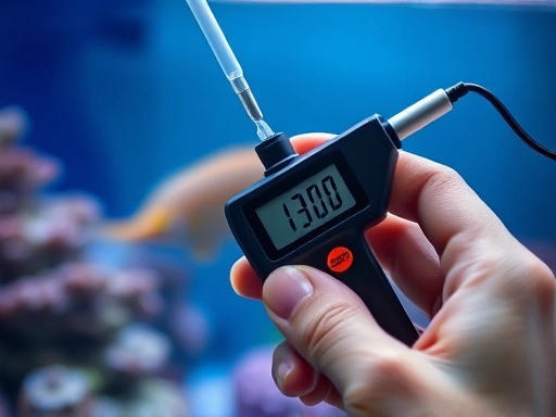 A close-up shot of a hand holding a digital salinity tester, with the probe submerged in the marine aquarium water, showing the digital reading on the display and the precise measurement of salinity for optimal marine fish rearing.