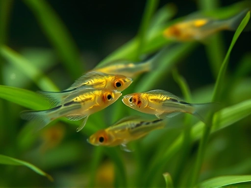 A close-up shot of tiny, translucent fish fry gracefully swimming amongst fine aquatic plant leaves, highlighting their delicate early growth stage and need for specialized care. 