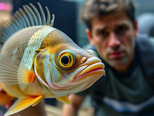 A close-up shot of a fish showing signs of stress, such as clamped fins and faded color, with a worried owner observing in the background, highlighting the importance of recognizing fish stress signals.