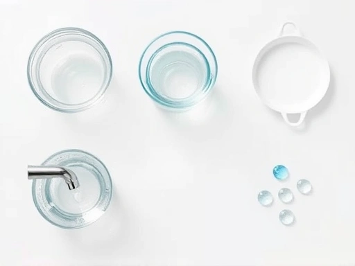 A detailed top-down view of different methods for removing chlorine from tap water, including boiling water, water standing in a large container, and chemical drops, with a focus on clarity and clean visual elements. SEO keywords: chlorine removal, tap water treatment, water purification.