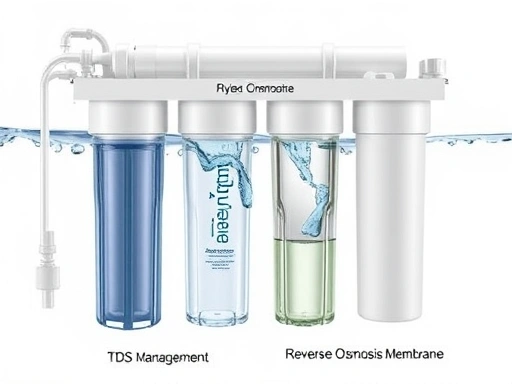 A detailed view of a multi-stage water purification system, highlighting the reverse osmosis membrane and various filters, with water flowing through transparent pipes. The image focuses on 