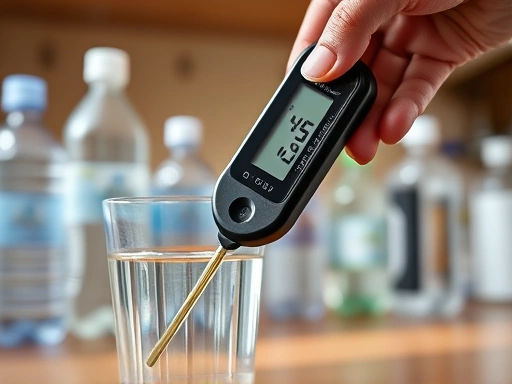 A close-up shot of a hand holding a modern TDS meter dipping into a clear glass of water, with blurry background showing various water bottles and a kitchen counter. The scene emphasizes accuracy and home use, incorporating 