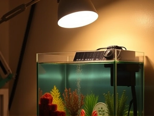 A close-up shot of a small aquarium being illuminated by a temporary desk lamp from above, highlighting the improvised lighting solution for an aquarium light failure.