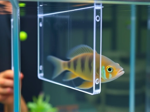 A close-up shot of a clear acrylic tank divider being installed in a fish tank, with water on both sides. The divider has small holes for water circulation, and a Texas cichlid can be seen observing it from behind. The focus is on the divider and its practical use.