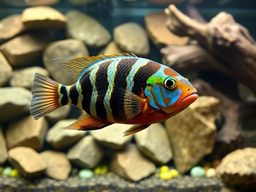 A vibrant Texas cichlid (Herichthys cyanoguttatus) swimming in a large, well-decorated aquarium with various rocks and driftwood, showcasing its territorial nature and colorful patterns. The tank is clean and well-maintained.