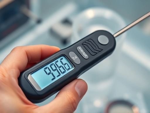 A close-up, detailed shot of a hand performing a calibration check on a digital underwater thermometer using a precise laboratory-grade temperature bath or ice bath. The thermometer's display shows a precise reading, and the background is slightly blurred to emphasize the calibration process. Include elements like precision tools or a stopwatch.