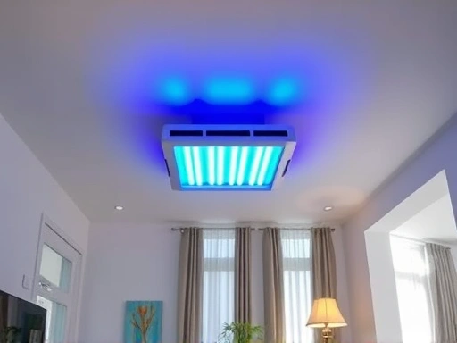A modern home interior with a subtle, futuristic UV sterilization lamp integrated into the ceiling, emphasizing cleanliness and health, vibrant lighting, soft shadows, featuring SEO keywords UV, sterilization, lamp, home, cleanliness.