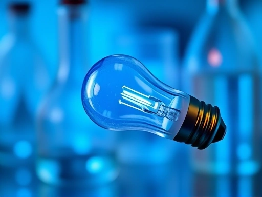 Close-up of a UV-C light bulb emitting a soft blue glow, with scientific glassware in the blurred background, highlighting advanced sterilization technology, focused on the bulb's details, featuring SEO keywords UV-C, light bulb, sterilization, technology.