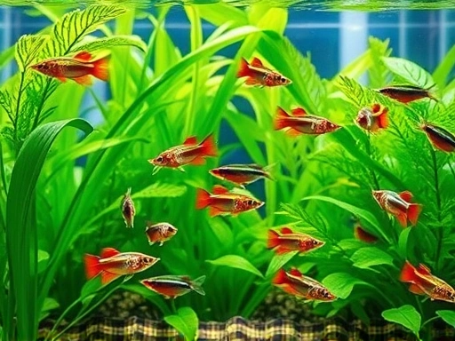 A vibrant freshwater aquarium with healthy, colorful guppies swimming among lush green plants, sunlight filtering through the water. Focus on a peaceful, thriving aquatic environment, emphasizing proper guppy care.
