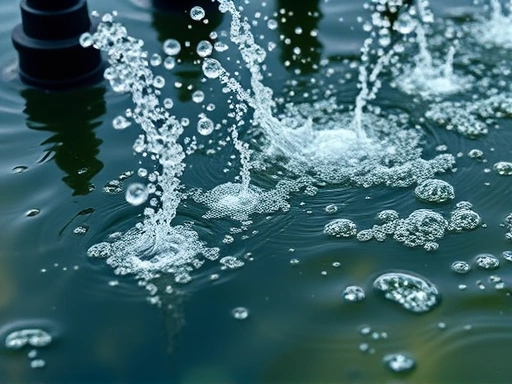 A close-up of an active water aeration system in a large aquaculture pond or wastewater treatment facility, showing bubbles rising from diffusers, emphasizing efficient oxygen transfer and water circulation.