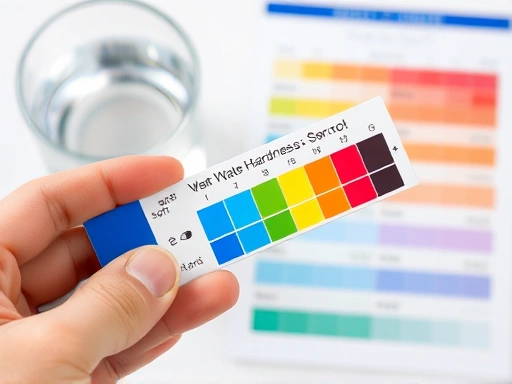A detailed top-down view of a hand holding a water hardness test strip, with a glass of water and a color chart in the background, showing different levels of water hardness from soft to very hard, emphasizing scientific measurement and water quality.