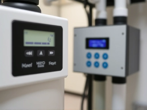 A close-up of a modern water softener system control panel, showing digital display and pipes, with blurred background of a household utility room, highlighting the technology for adjusting water hardness for improved home comfort.