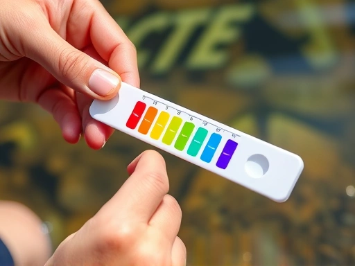 Close-up of hands using a water quality test kit, showing color changes on a strip, with a blurred background of a healthy water source, emphasizing precise early detection.