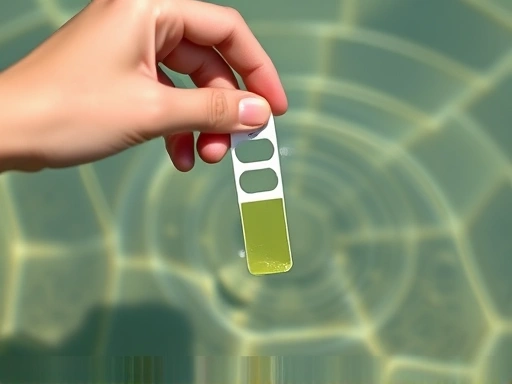 A person observing water, checking for changes in color and clarity with a simple test strip, indicating early detection of water quality deterioration, calm and clear environment.