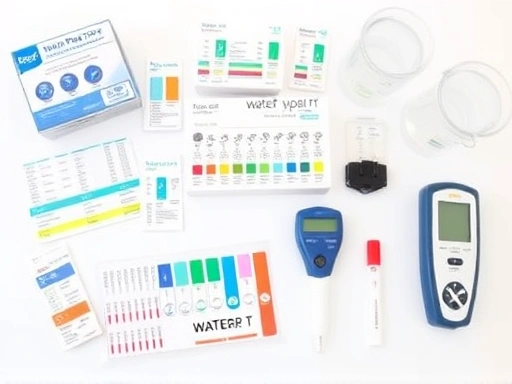 A clear, professional shot of various water quality test kits (strips, liquid reagents, digital meters) laid out on a clean white surface with beakers of water, representing a comprehensive guide to water testing.