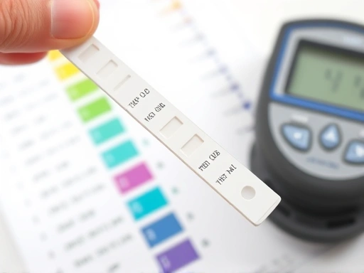 A close-up shot of a hand holding a test strip next to a color chart, with a digital meter showing a reading in the background, focusing on the result interpretation process for water quality.