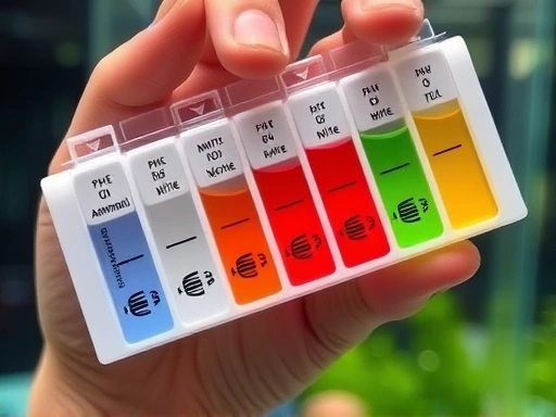Close-up of a hand holding an aquarium water test kit, showing test tubes with different colored water indicating various parameters like pH, ammonia, nitrite, and nitrate. (water test, pH, ammonia, nitrite, nitrate, aquarium maintenance)