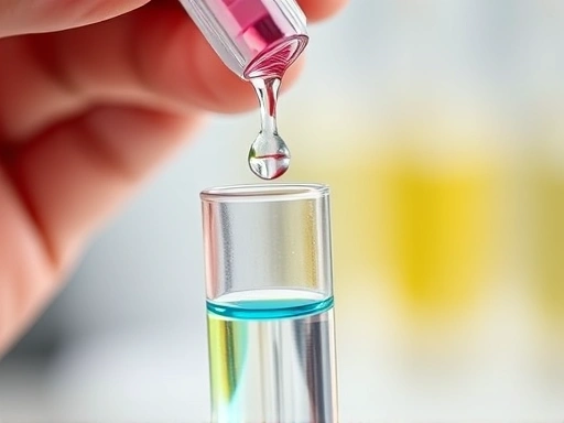 Close-up shot of a hand holding a liquid KH test kit, droplets falling into a test tube with a color-changing water sample, focus on chemical reaction.