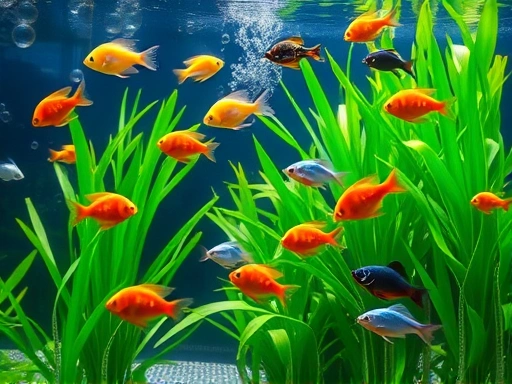 A serene aquarium scene with various healthy, colorful fish swimming among lush green aquatic plants and gentle filter bubbles, depicting a vibrant and well-maintained aquatic environment.