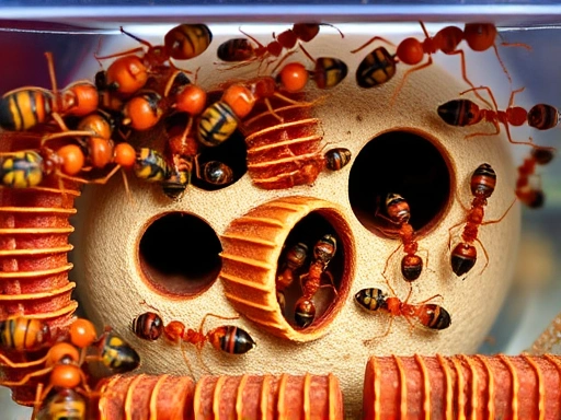 A vibrant ant colony thriving within a clear, multi-chambered formicarium, showcasing intricate tunnels and different ant castes, for an ant colony keeping guide.