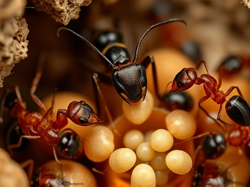 Close-up view of a queen ant surrounded by worker ants, carefully tending to brood (eggs, larvae, pupae) inside a formicarium, highlighting ant social structure.
