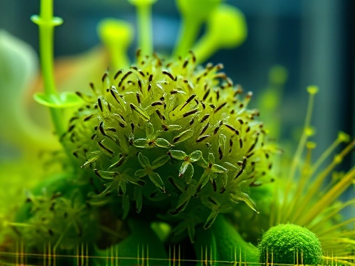 A close-up shot of a healthy aquatic aphid colony thriving in a well-lit glass aquarium, with green algae and tiny plants.
