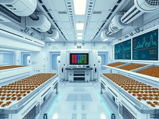 A futuristic insect breeding facility with various automated systems like climate control, feeding, and waste management, showcasing efficiency and advanced technology. Focus on a clean, modern lab-like setting with integrated screens displaying data.