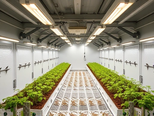 An innovative indoor insect breeding facility, showcasing automated systems like environmental sensors, controlled lighting, and automated feeding mechanisms for sustainable insect farming.