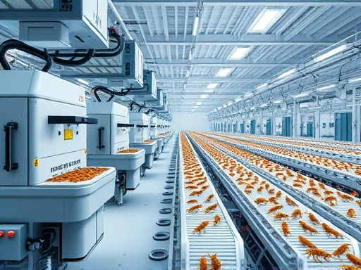 A high-tech, futuristic insect farm with automated feeding machines, precision delivery systems, and a clean, sterile environment. Focus on efficiency and advanced technology in the insect feeding process, including specific machinery and conveyor belts. The scene should be well-lit, showcasing the scale of the operation.