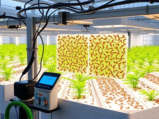 An efficient automated insect farming system with various sensors and control panels, showing optimal environmental conditions.
