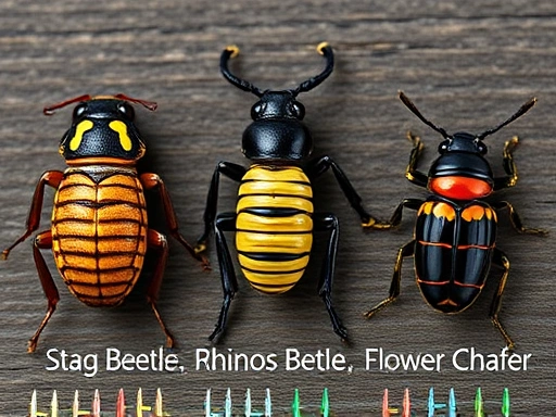 Detailed comparison illustration or close-up macro shot focusing on the anal plates and leg structures of three distinct beetle larvae: stag beetle, rhinoceros beetle, and flower chafer, clearly visible on a dark wooden background.