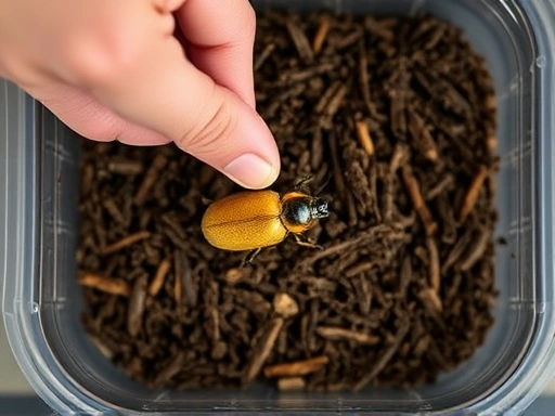 A close-up, top-down view of a hand carefully placing a beetle larva into a clear plastic container filled with dark, rich fermented sawdust, illustrating the process of setting up a habitat for larvae care, with a focus on hygiene and proper handling.