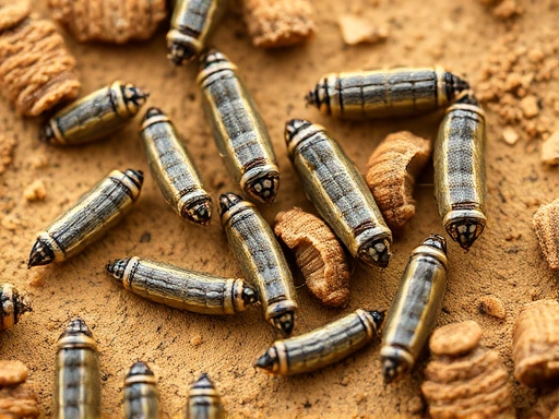 Close-up macro shot of various beetle larvae (grubs) on a light brown soil background, showcasing different sizes and subtle anatomical features, natural light, scientific illustration style.