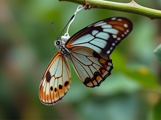 Close-up view of a butterfly emerging from a chrysalis, wings unfurling, delicate details visible, on a green branch in a natural environment.