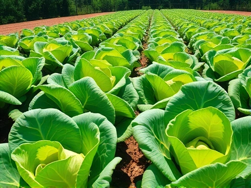 A lush, thriving cabbage garden under bright sunlight, showing rows of green cabbage plants, some with visible small holes from insect activity, a healthy and vibrant natural setting, wide shot, focus on cultivation.