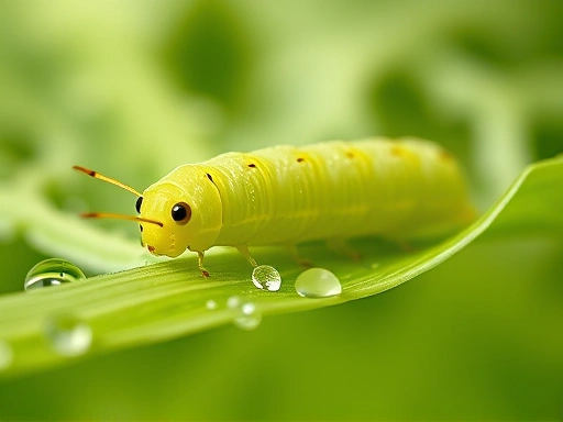 Close-up of a vibrant green cabbage white butterfly larva resting on a fresh green cabbage leaf, with dewdrops, bright natural light, macro photography, shallow depth of field, educational, clean background, focus on the larva's texture and details.