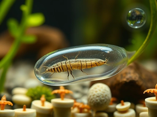 A close-up shot of a caddisfly larva in its protective case, submerged in clear, flowing water in a natural-looking aquarium setup, with aquatic plants and small pebbles for caddisfly rearing.