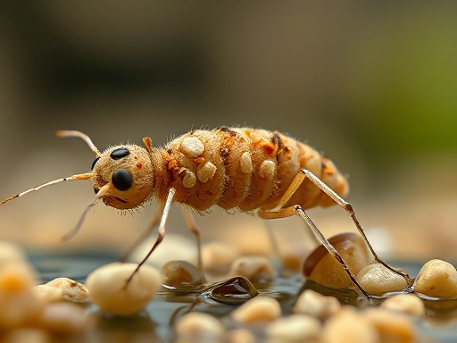 Macro shot focusing on the intricate details of a caddisfly larva's case, made from tiny pebbles and plant fragments, against a blurred background of clear water, emphasizing its unique construction for aquatic insect rearing.