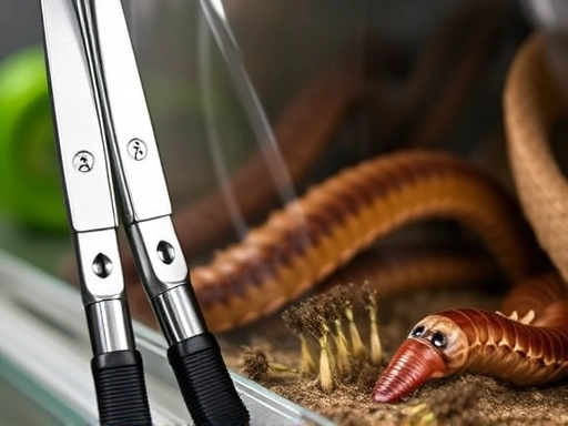 Close-up of safe handling tools like long tongs and a brush next to a centipede enclosure, highlighting strict safety protocols for handling venomous pets.