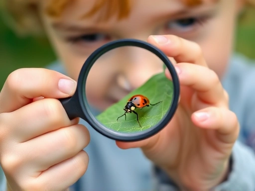 Close-up of a child's hands carefully holding a small magnifying glass, focused on an insect (e.g., a stick insect or a ladybug) on a leaf, demonstrating detailed observation and concentration.