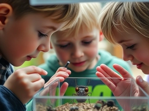 Close-up shot of children gently observing insects in a terrarium with magnifying glasses, their faces filled with curiosity and respect, illustrating life respect education for insects, soft lighting, SEO: insect education, life respect, children, learning.