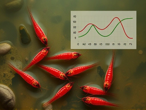 A detailed illustration of red chironomid larvae in murky, organically polluted river water, symbolizing their role as a water quality indicator, with a subtle scientific diagram overlay. Focus on ecological health and environmental monitoring.