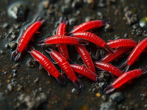 A close-up, macro shot of several vibrant red chironomid larvae (bloodworms) among dark sediment, emphasizing their distinctive color and appearance that signifies adaptation to low-oxygen, polluted aquatic environments. Highlight the biological aspect of water quality assessment.