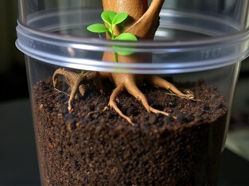 A detailed setup of a cicada nymph habitat, inside a transparent container showing soil, tree roots, and a small plant, with a cicada nymph partially visible. The scene is natural and well-lit, emphasizing proper care.