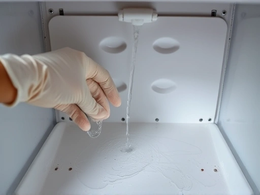 A close-up shot of a pair of gloved hands meticulously cleaning the inside of an empty, disinfected insect enclosure, showing clear water rinsing and a clean, wiped surface, emphasizing hygiene.