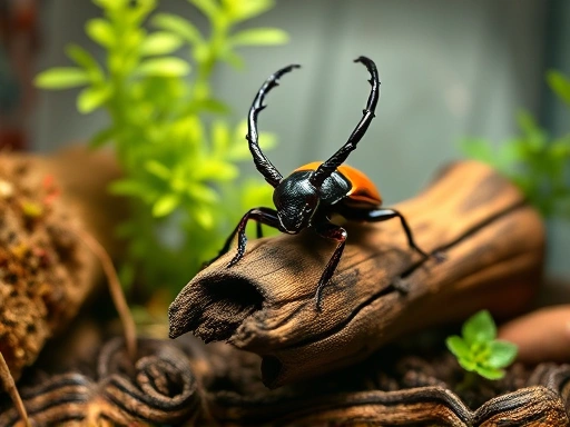 A detailed close-up shot of a meticulously clean and well-structured insect terrarium, showcasing a peaceful stag beetle on a piece of bark, emphasizing the enclosed, hygienic, and safe environment of the habitat.
