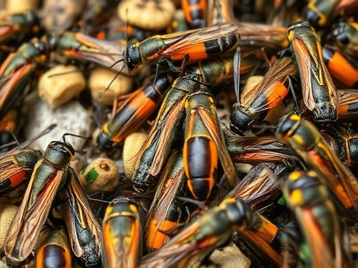 A close-up of a diverse insect community struggling with extreme weather events like drought and flood, showing their adaptation challenges, in a natural outdoor setting, with a focus on their distress.